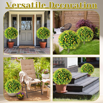Set of 4 Artificial Topiary Ball Tree with Flowers 20 Inch Outdoor Topiary Tree with Ground Spike Fake Bushes UV Resistance Faux Shrubs Evergreen Plant for Front Porch Indoor Decor (Yellow)