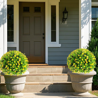 Set of 4 Artificial Topiary Ball Tree with Flowers 20 Inch Outdoor Topiary Tree with Ground Spike Fake Bushes UV Resistance Faux Shrubs Evergreen Plant for Front Porch Indoor Decor (Yellow)