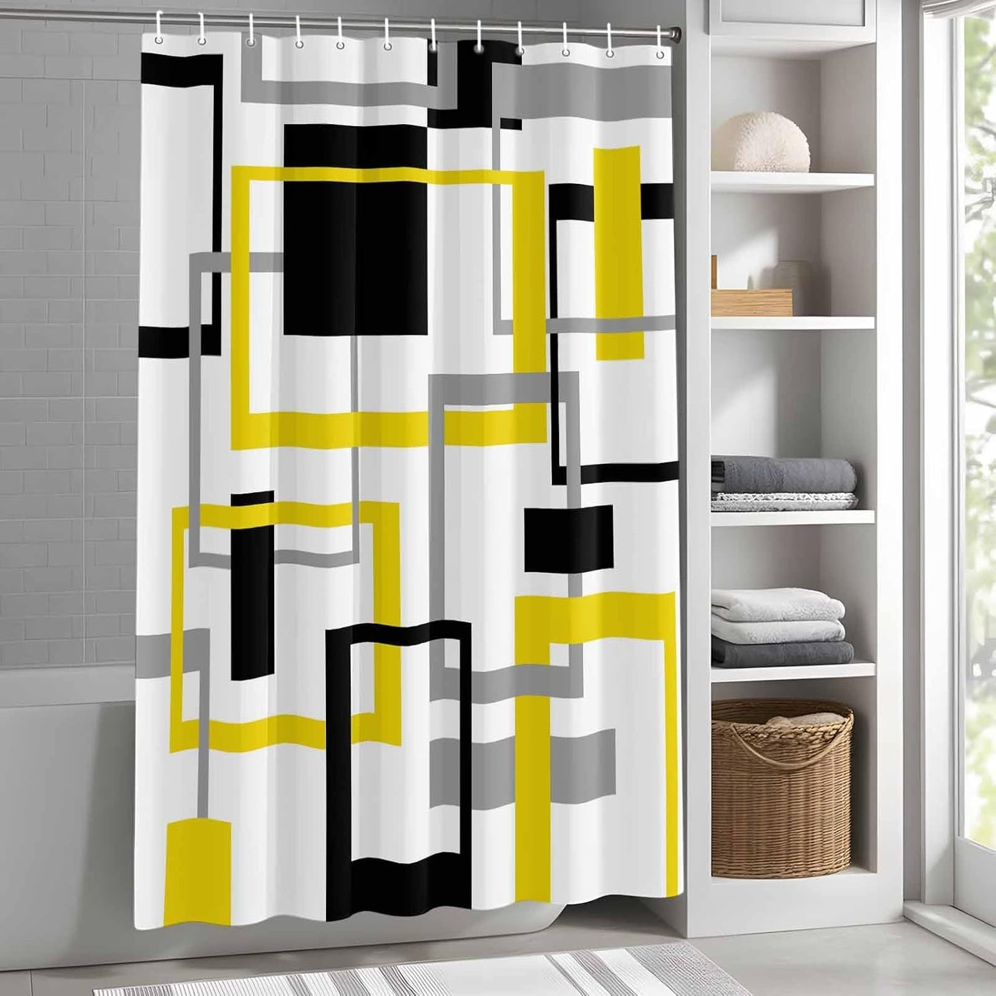 Shower Curtain Yellow Abstract Lines Shower Curtains for Bathroom Decor Modern Art Bath Curtains Sets with Hooks for Home Decor Waterproof 72 x 78 in