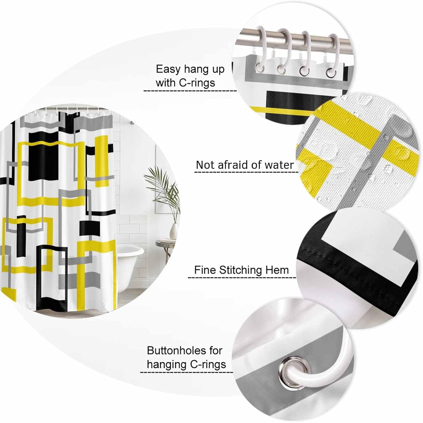 Shower Curtain Yellow Abstract Lines Shower Curtains for Bathroom Decor Modern Art Bath Curtains Sets with Hooks for Home Decor Waterproof 72 x 78 in