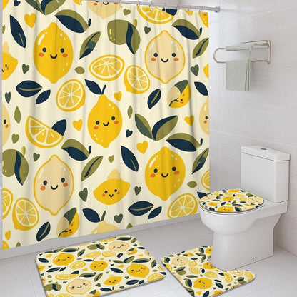 Lemon Shower Curtain Sets, Summer Playful Leaf Slice Summer Yellow Waterproof Fabric Bathroom Bathtub Shower Curtain Sets with Rugs for Home Bath Toile Hotel Decor 72x72 Inch