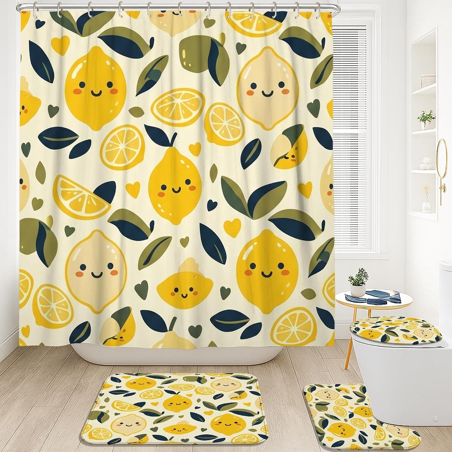 Lemon Shower Curtain Sets, Summer Playful Leaf Slice Summer Yellow Waterproof Fabric Bathroom Bathtub Shower Curtain Sets with Rugs for Home Bath Toile Hotel Decor 72x72 Inch