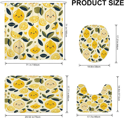 Lemon Shower Curtain Sets, Summer Playful Leaf Slice Summer Yellow Waterproof Fabric Bathroom Bathtub Shower Curtain Sets with Rugs for Home Bath Toile Hotel Decor 72x72 Inch