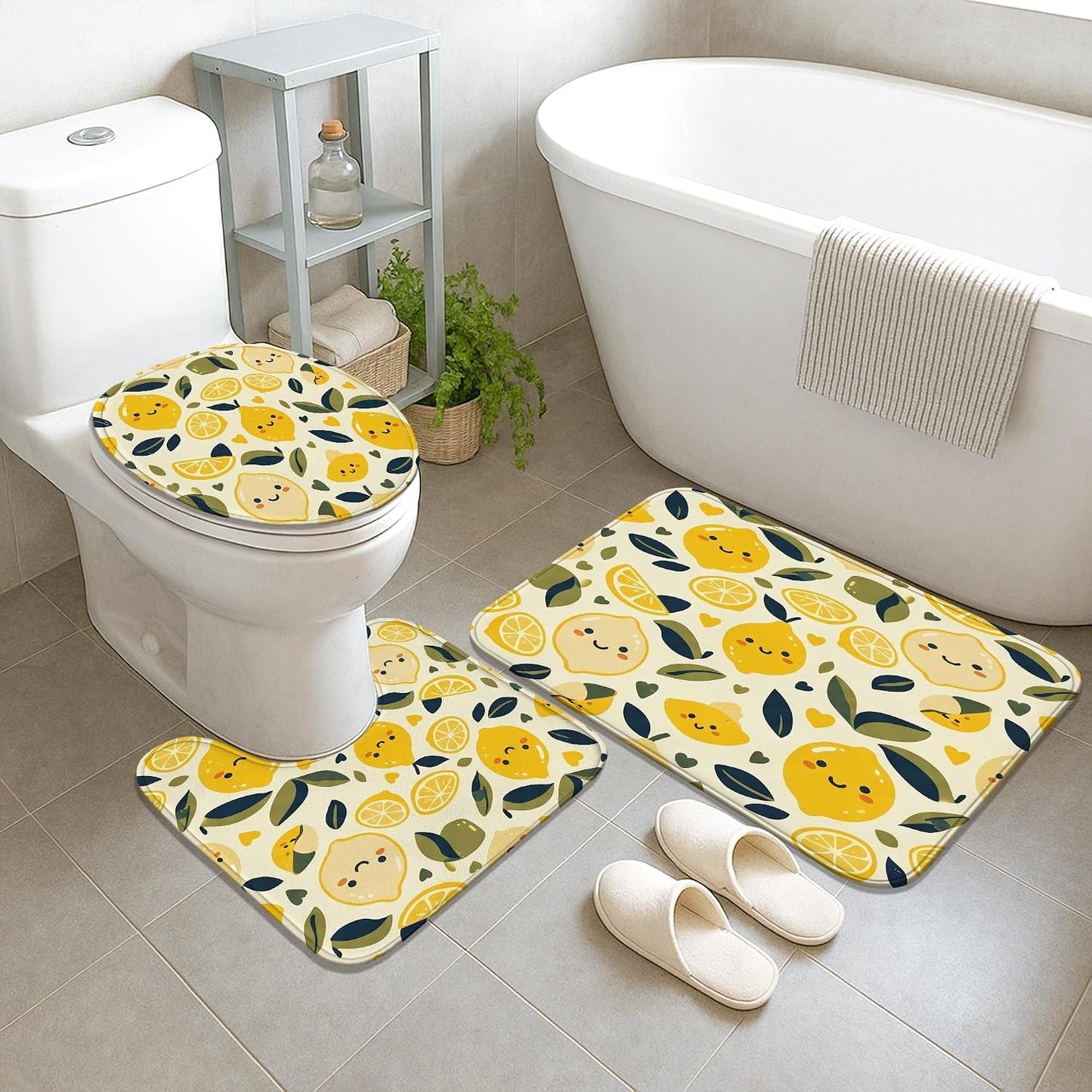 Lemon Shower Curtain Sets, Summer Playful Leaf Slice Summer Yellow Waterproof Fabric Bathroom Bathtub Shower Curtain Sets with Rugs for Home Bath Toile Hotel Decor 72x72 Inch