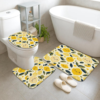Lemon Shower Curtain Sets, Summer Playful Leaf Slice Summer Yellow Waterproof Fabric Bathroom Bathtub Shower Curtain Sets with Rugs for Home Bath Toile Hotel Decor 72x72 Inch
