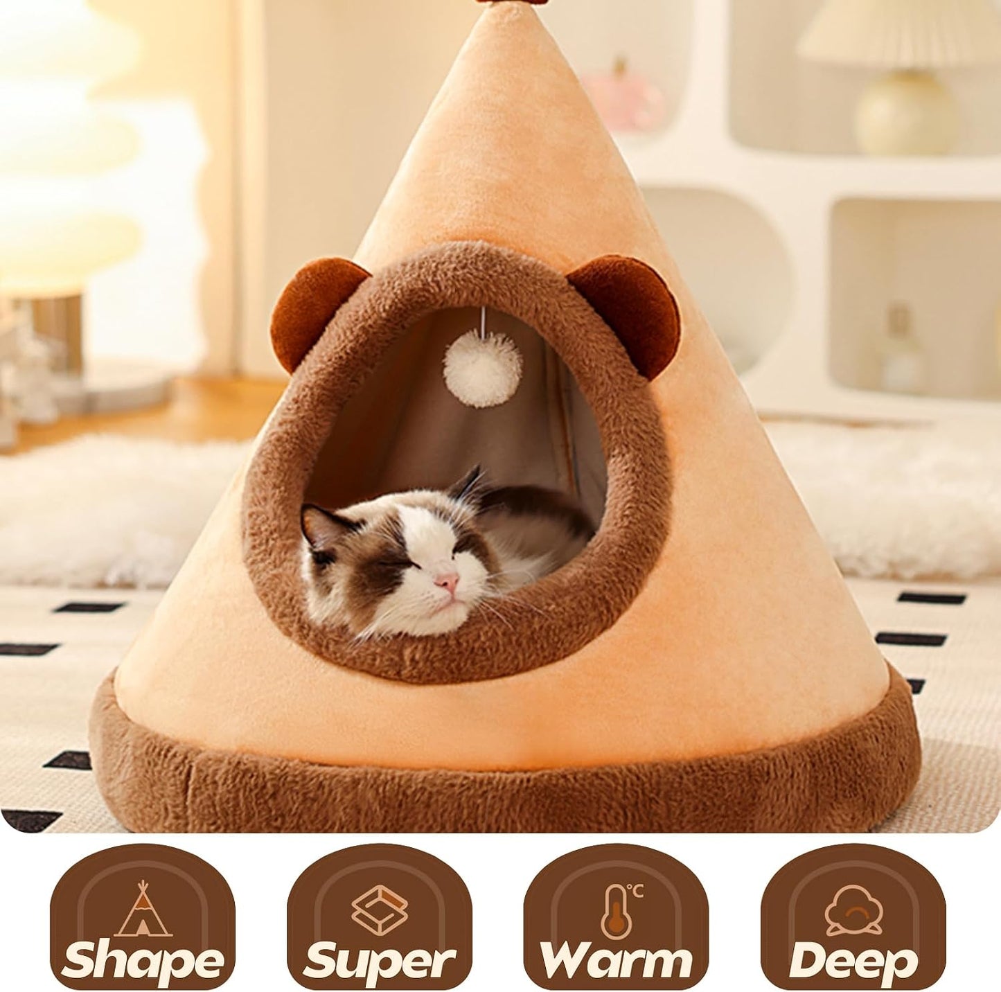 Cat Cave Bed, Portable Cat Igloo Cat Cave Bed, Triangle Pet Teepee, Cozy and Warm Pet Hideout, Pet Tent for Cat and Dog(S, Yellow)