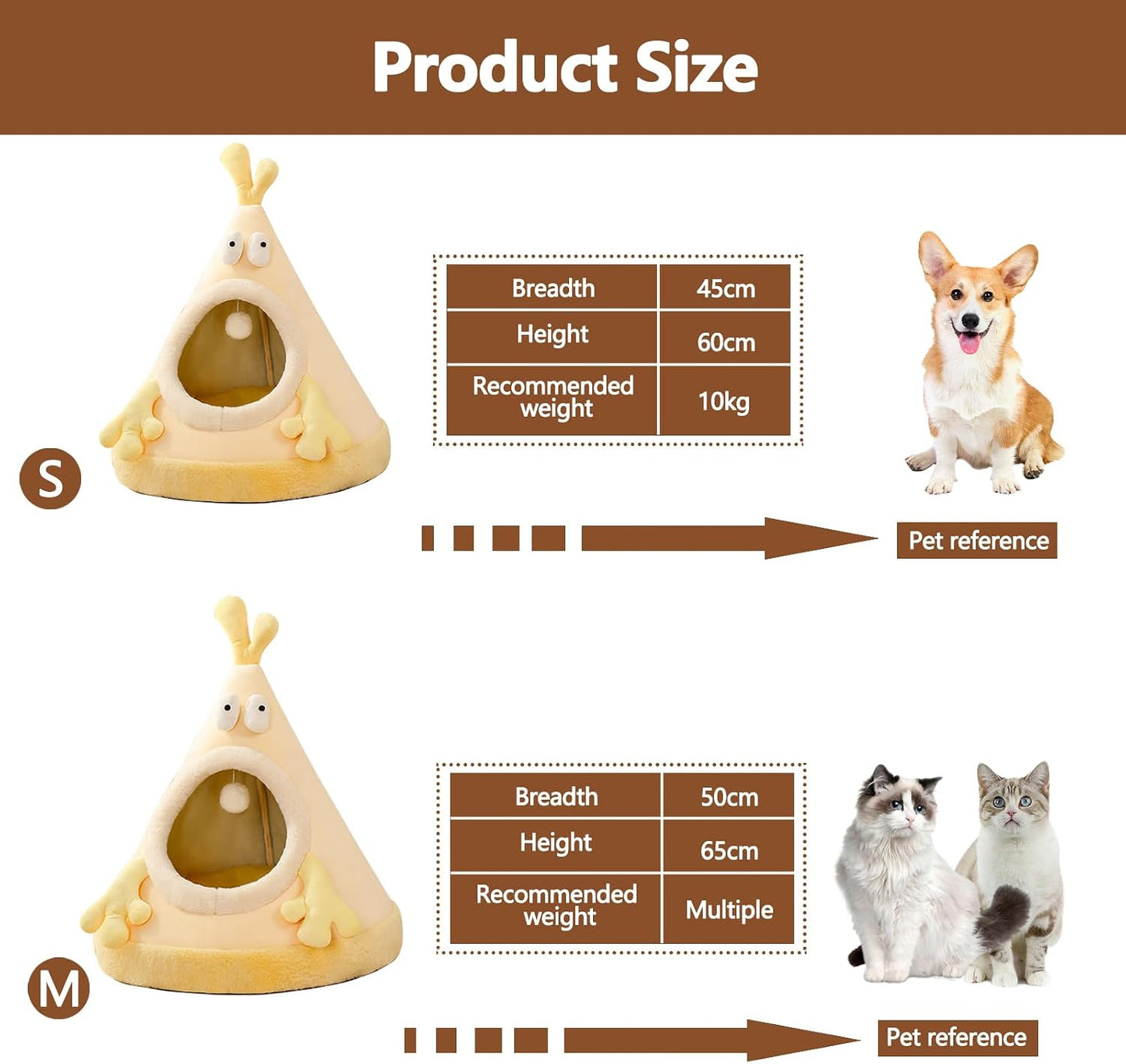 Cat Cave Bed, Portable Cat Igloo Cat Cave Bed, Triangle Pet Teepee, Cozy and Warm Pet Hideout, Pet Tent for Cat and Dog(S, Yellow)