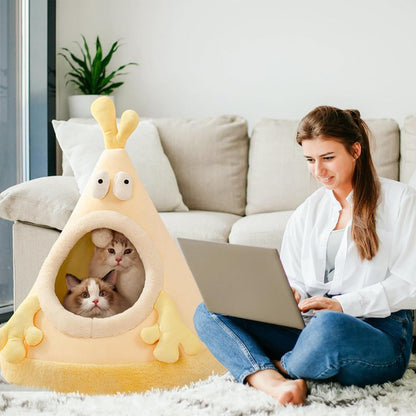 Cat Cave Bed, Portable Cat Igloo Cat Cave Bed, Triangle Pet Teepee, Cozy and Warm Pet Hideout, Pet Tent for Cat and Dog(S, Yellow)