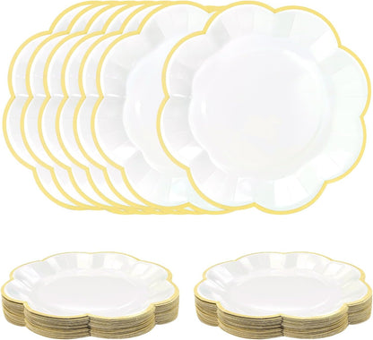 50 PCS Yellow and White Plates 7 Inch White Scalloped Paper Plates with Yellow Trim Dessert Plate Disposable for Party Dinner Wedding Baby Shower Birthday Cake Plate