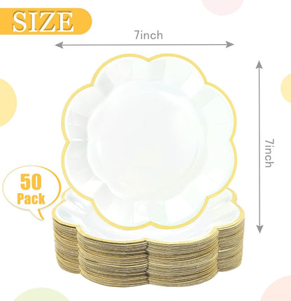 50 PCS Yellow and White Plates 7 Inch White Scalloped Paper Plates with Yellow Trim Dessert Plate Disposable for Party Dinner Wedding Baby Shower Birthday Cake Plate