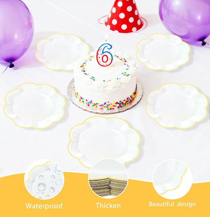 50 PCS Yellow and White Plates 7 Inch White Scalloped Paper Plates with Yellow Trim Dessert Plate Disposable for Party Dinner Wedding Baby Shower Birthday Cake Plate