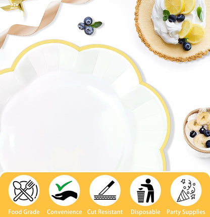 50 PCS Yellow and White Plates 7 Inch White Scalloped Paper Plates with Yellow Trim Dessert Plate Disposable for Party Dinner Wedding Baby Shower Birthday Cake Plate