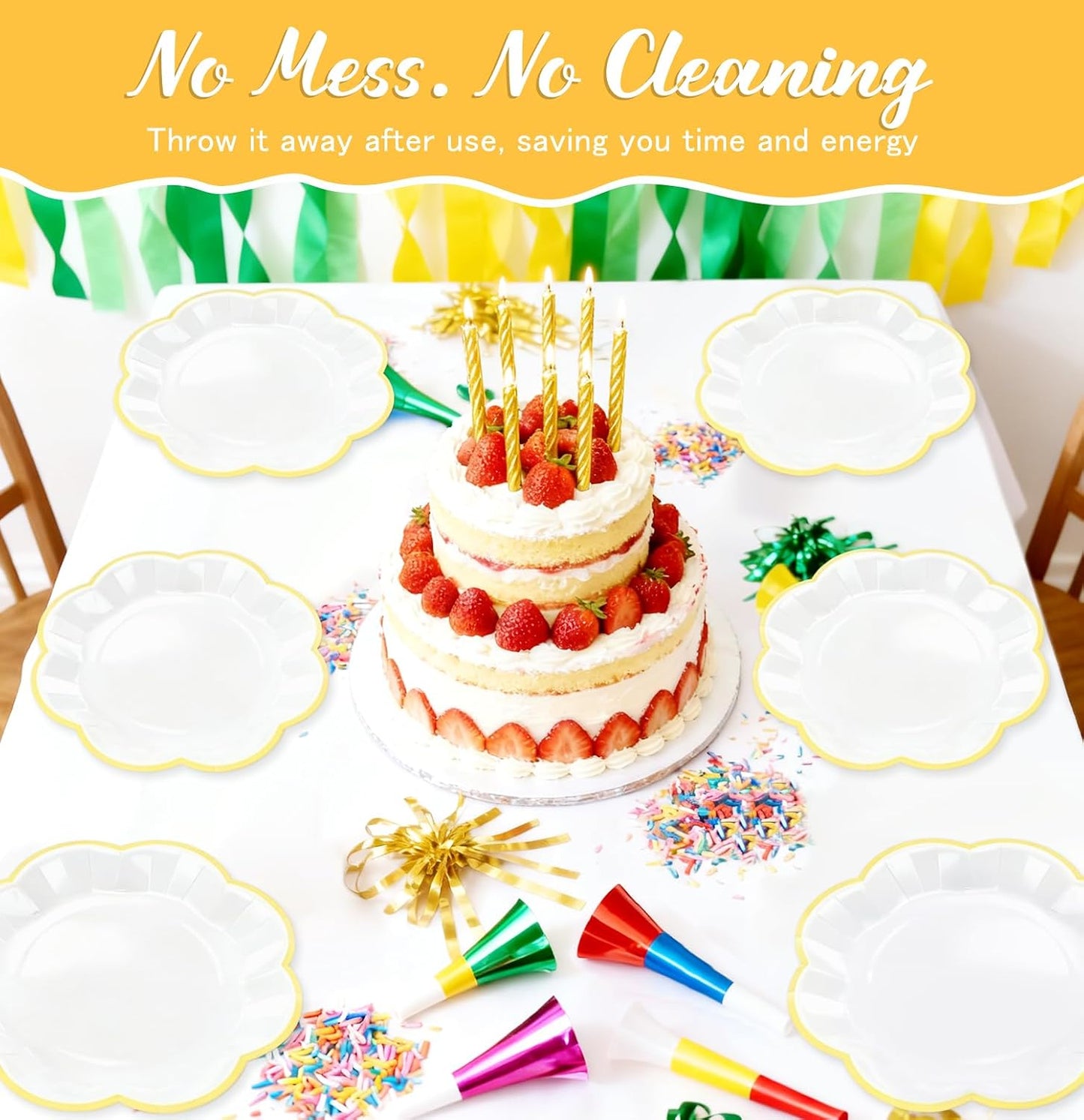 50 PCS Yellow and White Plates 7 Inch White Scalloped Paper Plates with Yellow Trim Dessert Plate Disposable for Party Dinner Wedding Baby Shower Birthday Cake Plate