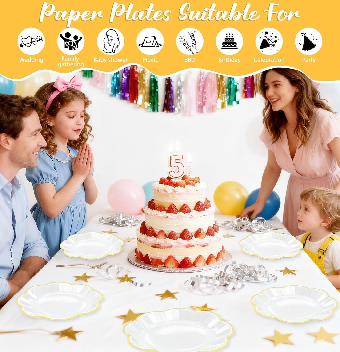 50 PCS Yellow and White Plates 7 Inch White Scalloped Paper Plates with Yellow Trim Dessert Plate Disposable for Party Dinner Wedding Baby Shower Birthday Cake Plate