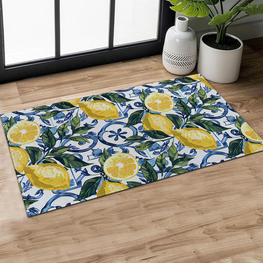 Lemon Fresh Indoor Door Mat,Blue Tile and Leaf Fruit Doormat,29.5x17in Non-Slip Rubber Backing Floor Mat,Entry Rug,for Living Room,Office,Rv,Kitchen,Entryway Doorways Mats Decor,Doormats Gifts