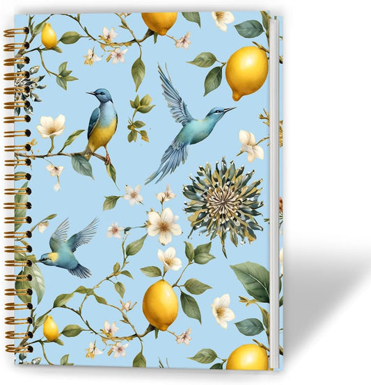 Vintage Floral Bird Notebook, Rustic Yellow Lemon Flower Plant Journal, Lemon Gifts Journal, Cottagecore Floral Nature Hardcover Spiral Notebooks, 5.5x8.3 Inch