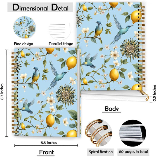Vintage Floral Bird Notebook, Rustic Yellow Lemon Flower Plant Journal, Lemon Gifts Journal, Cottagecore Floral Nature Hardcover Spiral Notebooks, 5.5x8.3 Inch