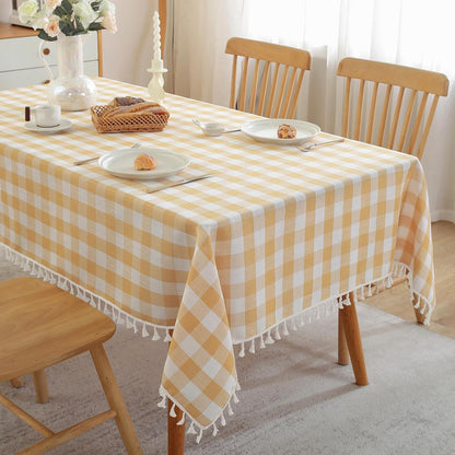 Gingham Tablecloth Square Cotton Linen Fabric Checkered Table Cloth with Tassel Washable Wrinkle Free Buffalo Plaid Table Cover for Outdoor Party Picnic Kitchen Dining, Yellow, 55x55
