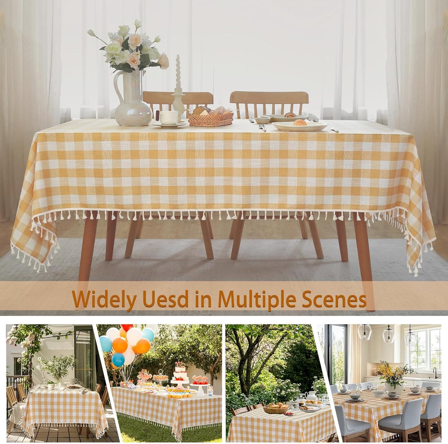Gingham Tablecloth Square Cotton Linen Fabric Checkered Table Cloth with Tassel Washable Wrinkle Free Buffalo Plaid Table Cover for Outdoor Party Picnic Kitchen Dining, Yellow, 55x55