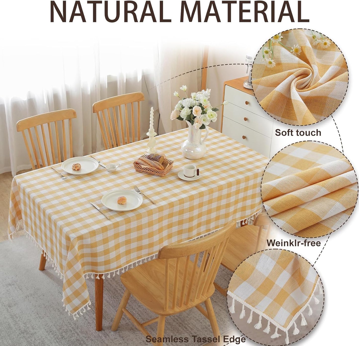 Gingham Tablecloth Square Cotton Linen Fabric Checkered Table Cloth with Tassel Washable Wrinkle Free Buffalo Plaid Table Cover for Outdoor Party Picnic Kitchen Dining, Yellow, 55x55