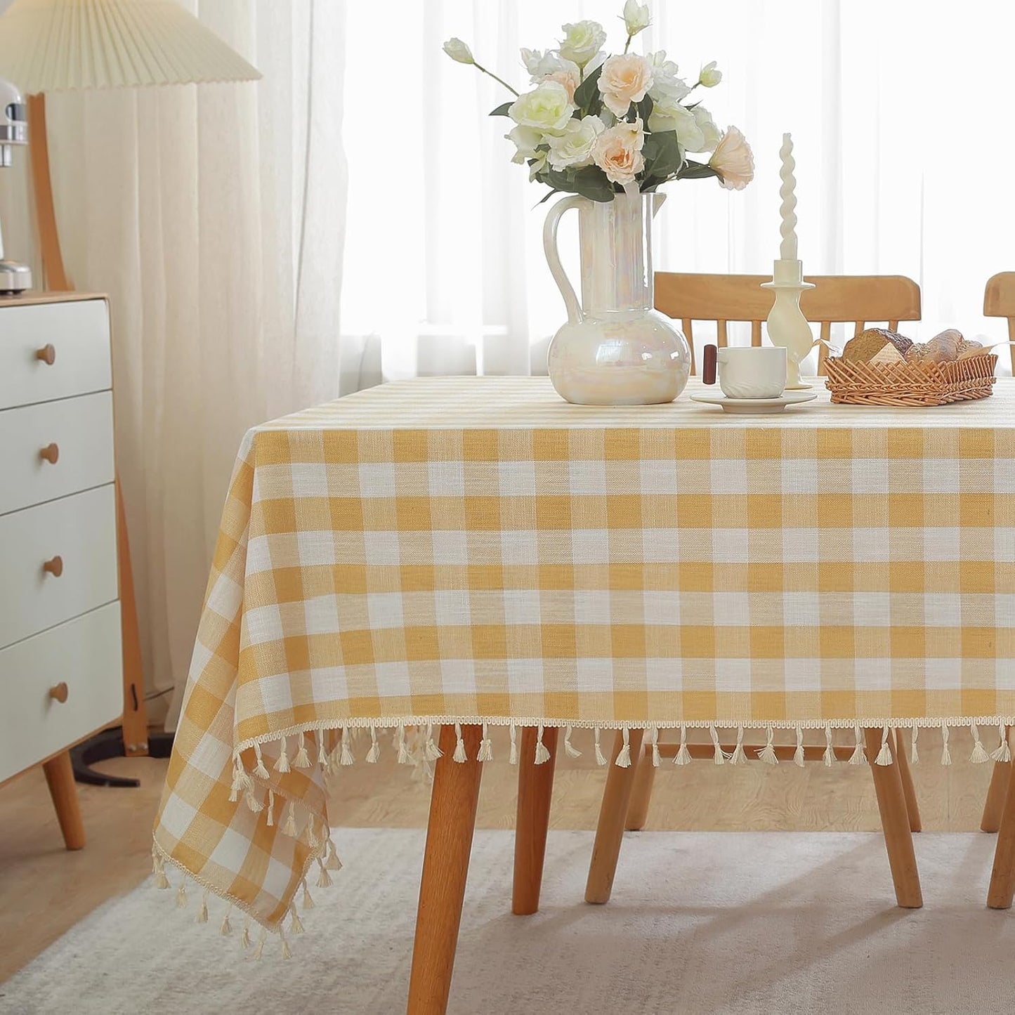 Gingham Tablecloth Square Cotton Linen Fabric Checkered Table Cloth with Tassel Washable Wrinkle Free Buffalo Plaid Table Cover for Outdoor Party Picnic Kitchen Dining, Yellow, 55x55