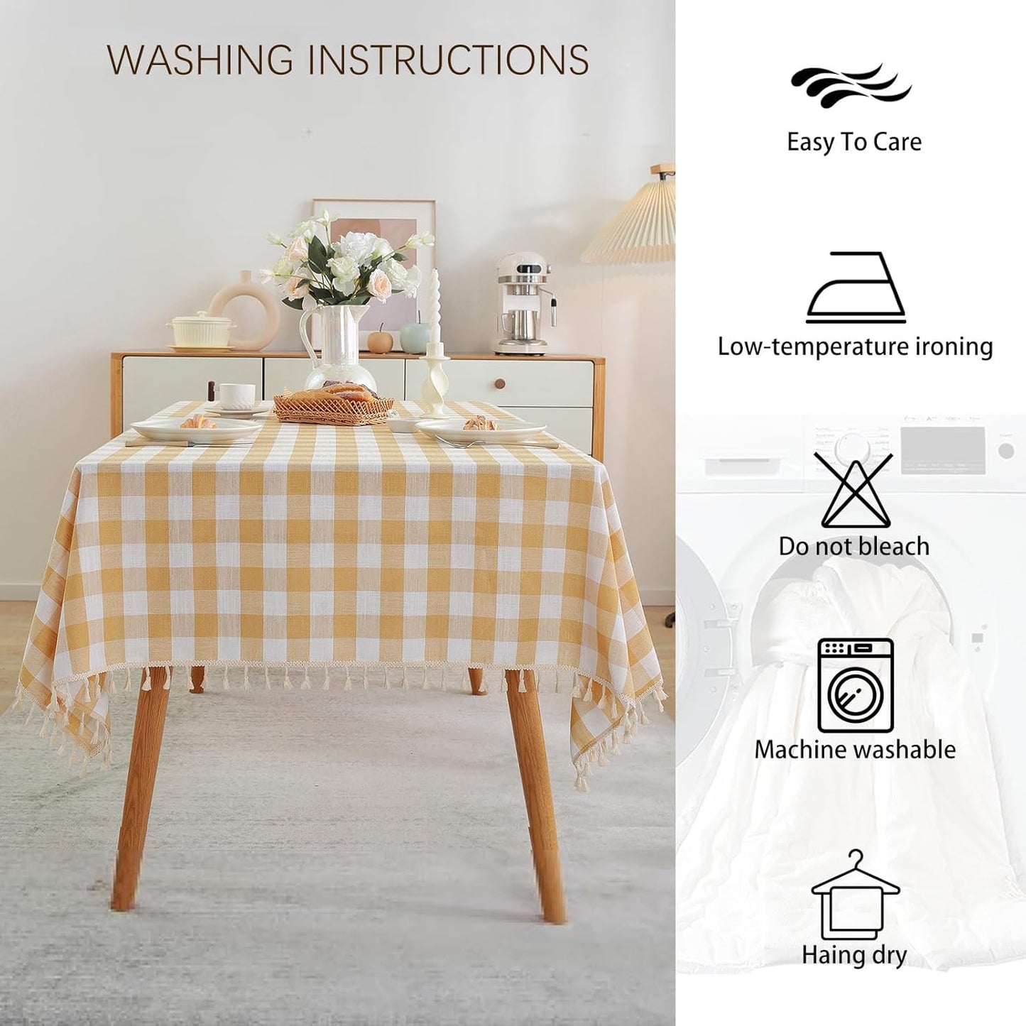 Gingham Tablecloth Square Cotton Linen Fabric Checkered Table Cloth with Tassel Washable Wrinkle Free Buffalo Plaid Table Cover for Outdoor Party Picnic Kitchen Dining, Yellow, 55x55