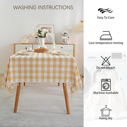 Gingham Tablecloth Square Cotton Linen Fabric Checkered Table Cloth with Tassel Washable Wrinkle Free Buffalo Plaid Table Cover for Outdoor Party Picnic Kitchen Dining, Yellow, 55x55