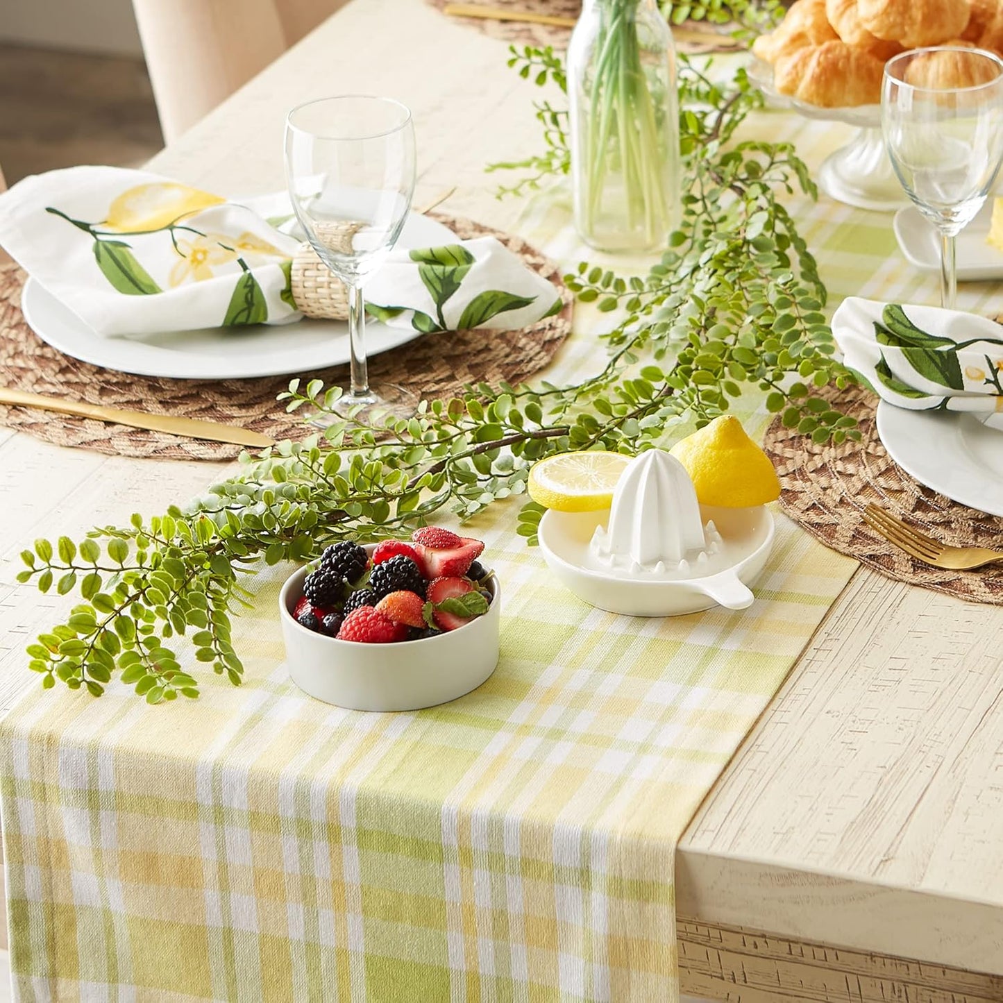 Lemon Bliss Plaid Cotton Tabletop Collection, Table Runner, 14x108