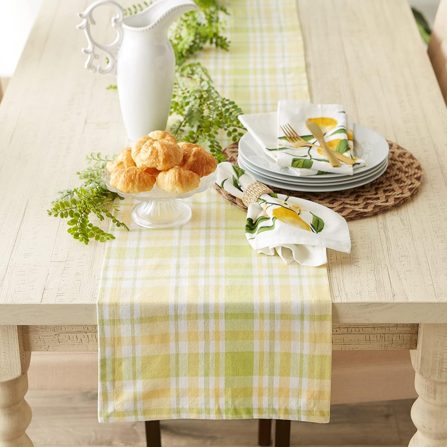 Lemon Bliss Plaid Cotton Tabletop Collection, Table Runner, 14x108