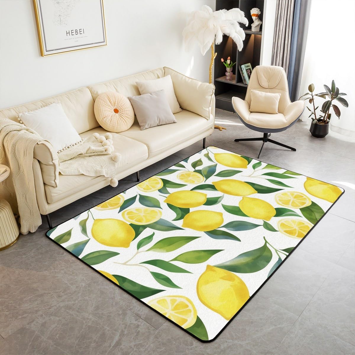 Lemon Living Room Rugs for Bedroom for Kids Boys Girls Botanical Lemon Pattern Indoor Floor Mat Area Rug 5x7 Tropical Fruit Decor Carpet Yellow Green Bedroom Decor