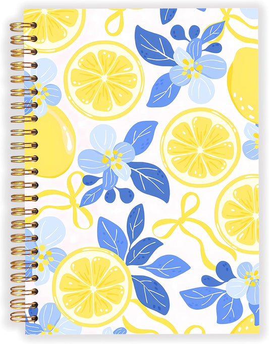 Blue and Yellow Lemon Notebook Journal for Women, Lemon Themed Gifts, Pretty Summer Floral Fruit Hardcover Spiral Notebook for Work Note Taking 5.5x8.3 in