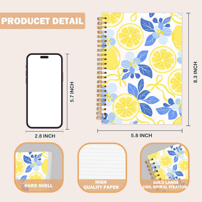 Blue and Yellow Lemon Notebook Journal for Women, Lemon Themed Gifts, Pretty Summer Floral Fruit Hardcover Spiral Notebook for Work Note Taking 5.5x8.3 in