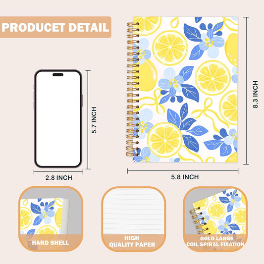 Blue and Yellow Lemon Notebook Journal for Women, Lemon Themed Gifts, Pretty Summer Floral Fruit Hardcover Spiral Notebook for Work Note Taking 5.5x8.3 in