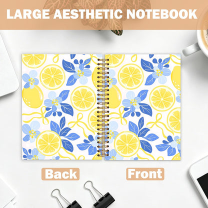 Blue and Yellow Lemon Notebook Journal for Women, Lemon Themed Gifts, Pretty Summer Floral Fruit Hardcover Spiral Notebook for Work Note Taking 5.5x8.3 in
