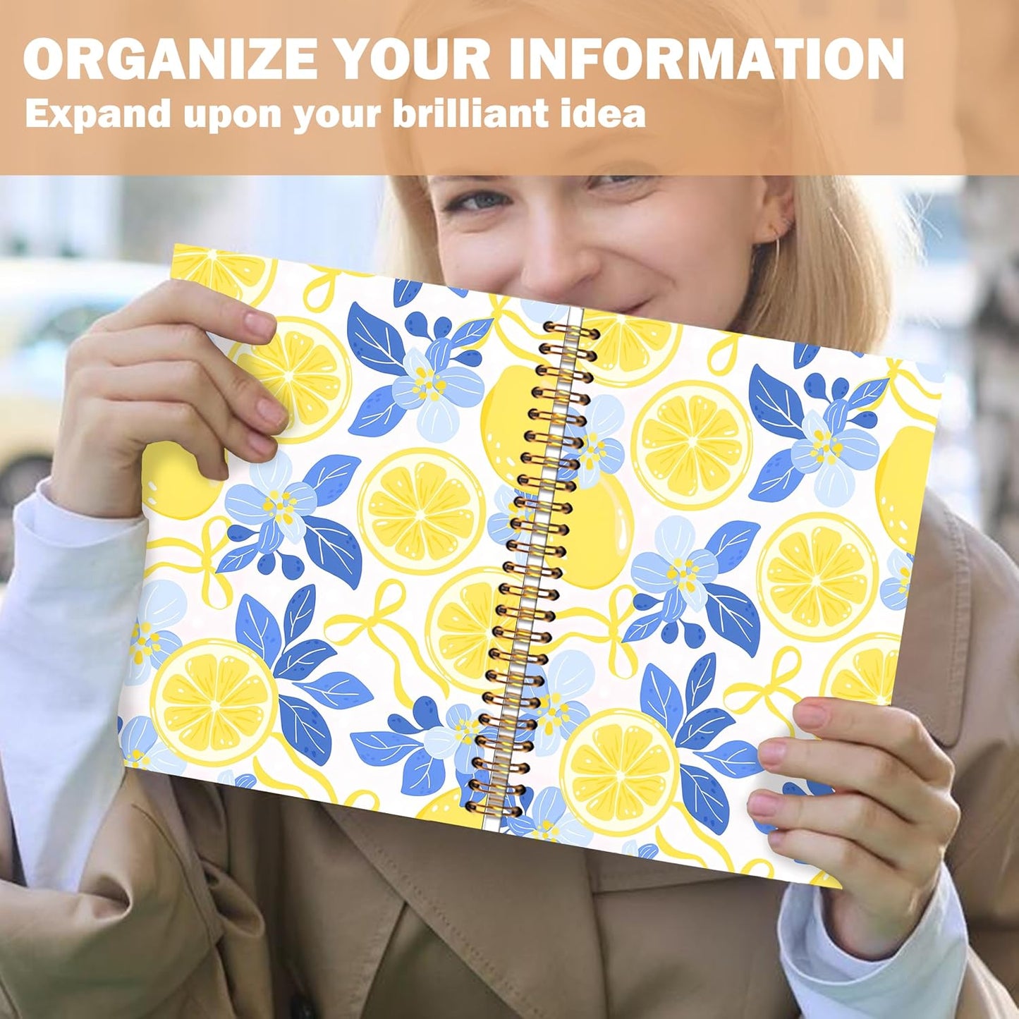 Blue and Yellow Lemon Notebook Journal for Women, Lemon Themed Gifts, Pretty Summer Floral Fruit Hardcover Spiral Notebook for Work Note Taking 5.5x8.3 in