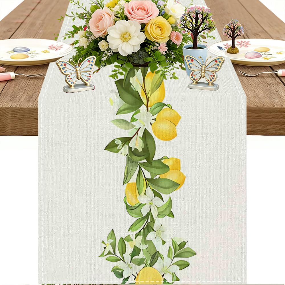 Lemon Table Runner Set with 6 Placemat, Boho Coastal Farmhouse Dining & Coffee Table Runner for Living Room, Rustic Yellow Spring Summer Decor