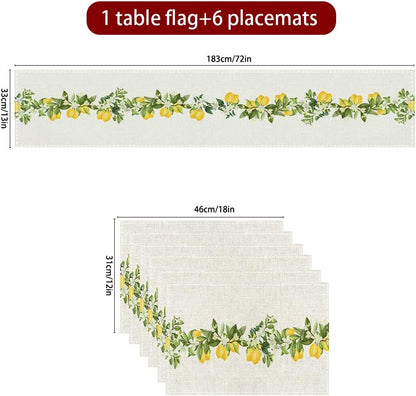 Lemon Table Runner Set with 6 Placemat, Boho Coastal Farmhouse Dining & Coffee Table Runner for Living Room, Rustic Yellow Spring Summer Decor