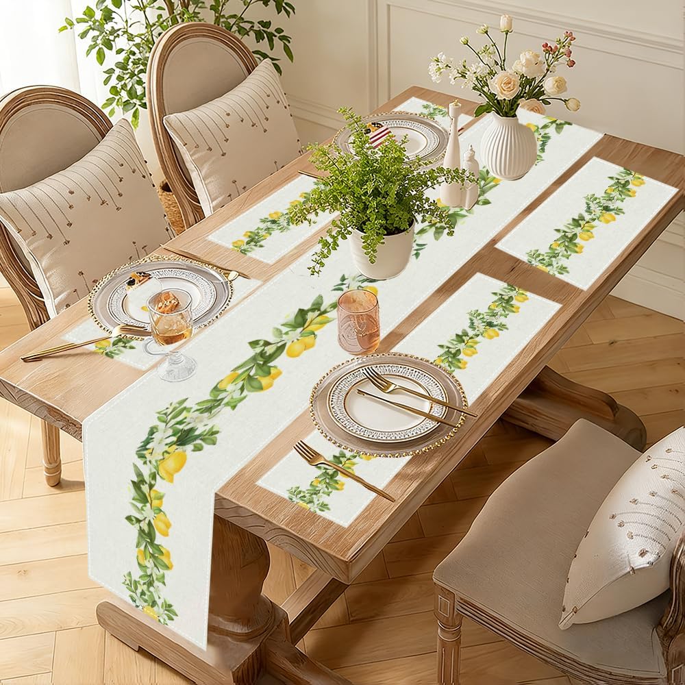 Lemon Table Runner Set with 6 Placemat, Boho Coastal Farmhouse Dining & Coffee Table Runner for Living Room, Rustic Yellow Spring Summer Decor