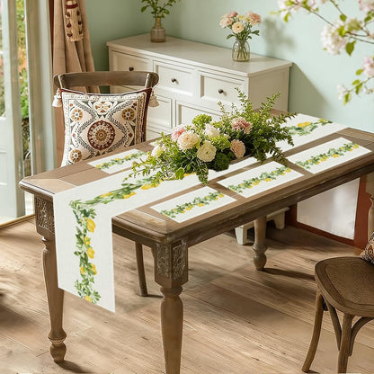 Lemon Table Runner Set with 6 Placemat, Boho Coastal Farmhouse Dining & Coffee Table Runner for Living Room, Rustic Yellow Spring Summer Decor