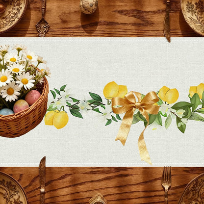 Lemon Table Runner Set with 6 Placemat, Boho Coastal Farmhouse Dining & Coffee Table Runner for Living Room, Rustic Yellow Spring Summer Decor