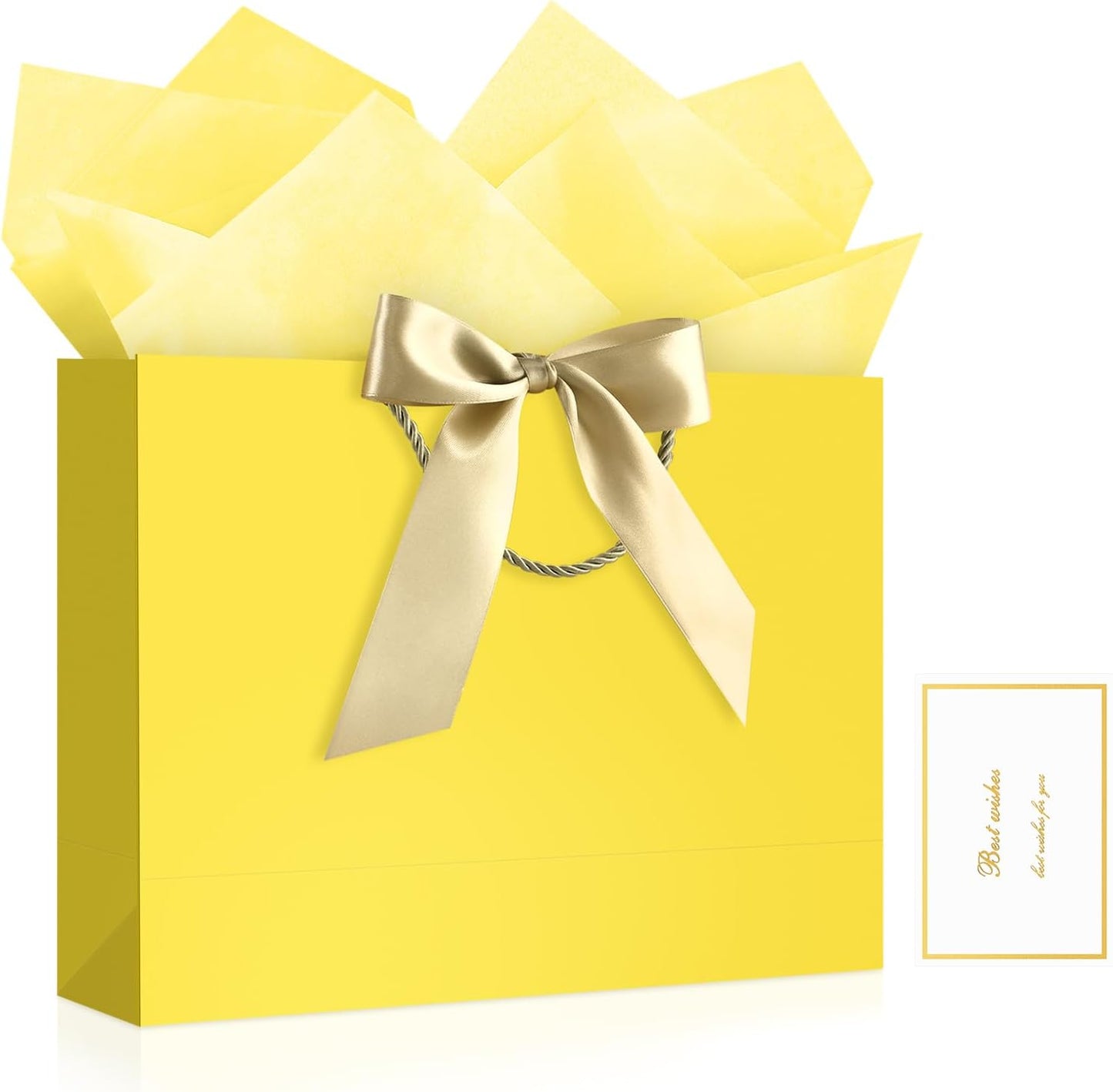 Extra Large Yellow Gift Bag with Handles 1-Pack | 37x28x12 cm. Includes 1 card & 2 tissues. Perfect for wedding, birthday, back to school, Mother's Day.