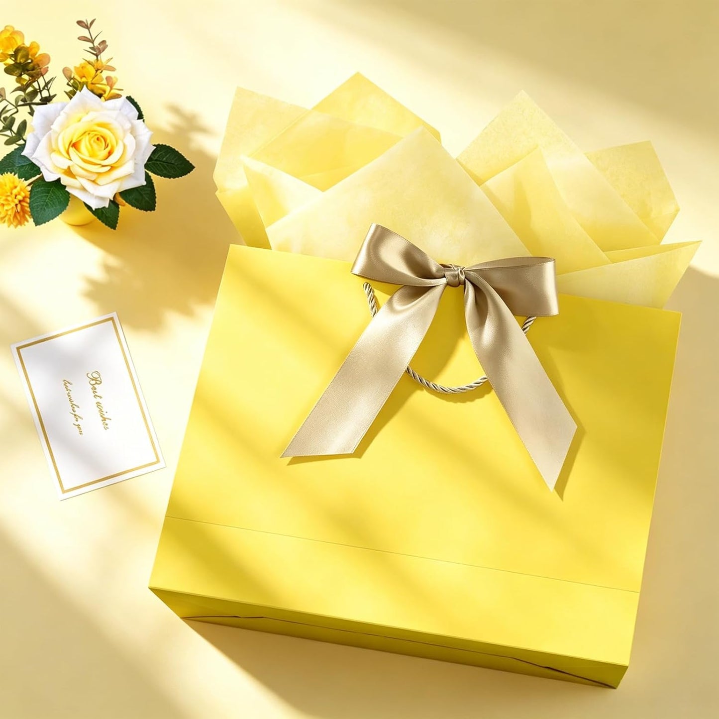 Extra Large Yellow Gift Bag with Handles 1-Pack | 37x28x12 cm. Includes 1 card & 2 tissues. Perfect for wedding, birthday, back to school, Mother's Day.