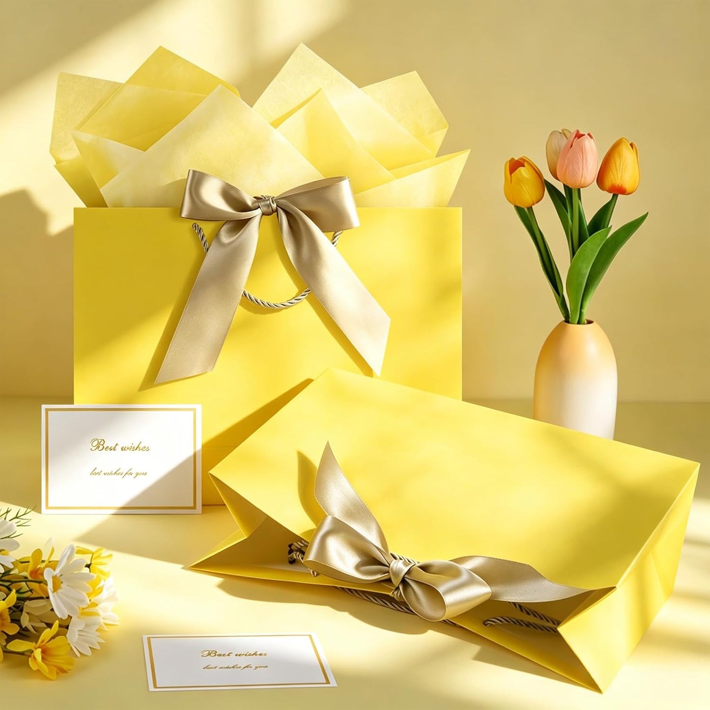 Extra Large Yellow Gift Bag with Handles 1-Pack | 37x28x12 cm. Includes 1 card & 2 tissues. Perfect for wedding, birthday, back to school, Mother's Day.