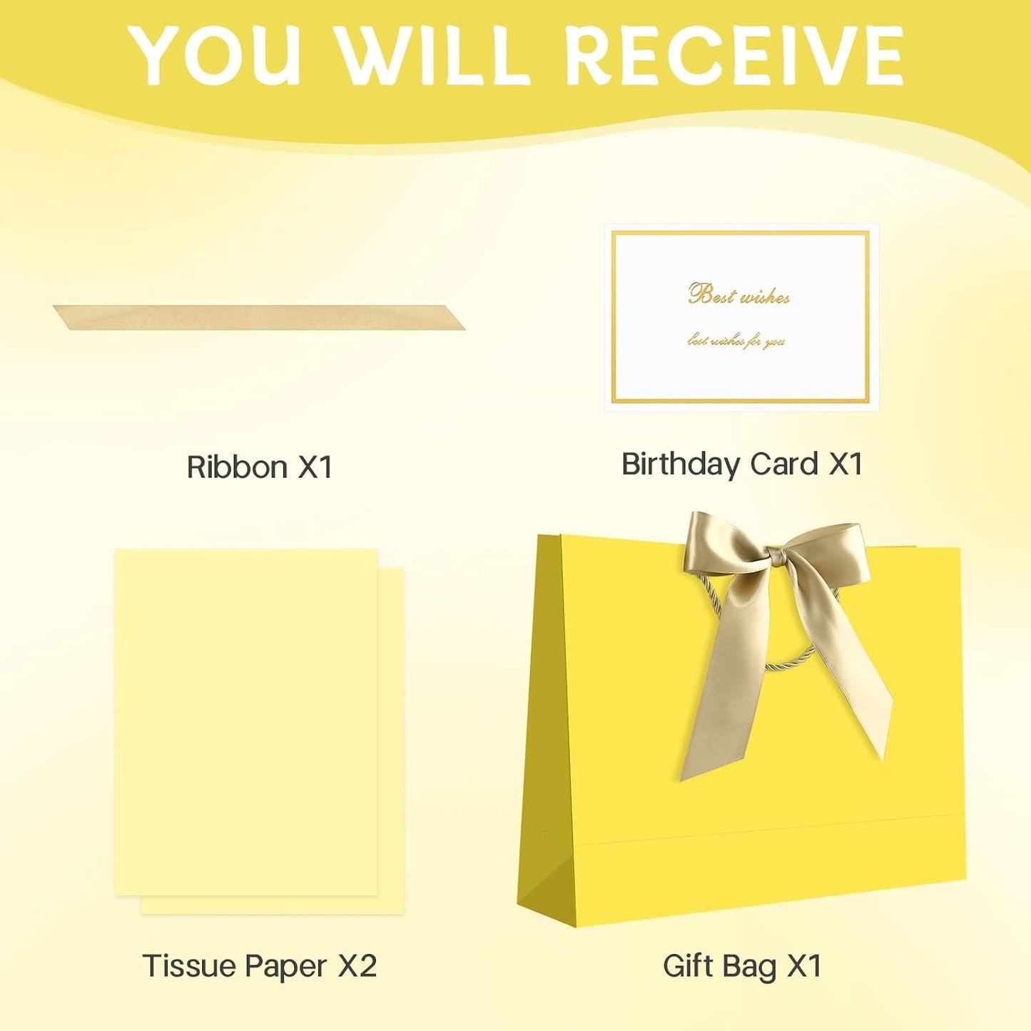 Extra Large Yellow Gift Bag with Handles 1-Pack | 37x28x12 cm. Includes 1 card & 2 tissues. Perfect for wedding, birthday, back to school, Mother's Day.