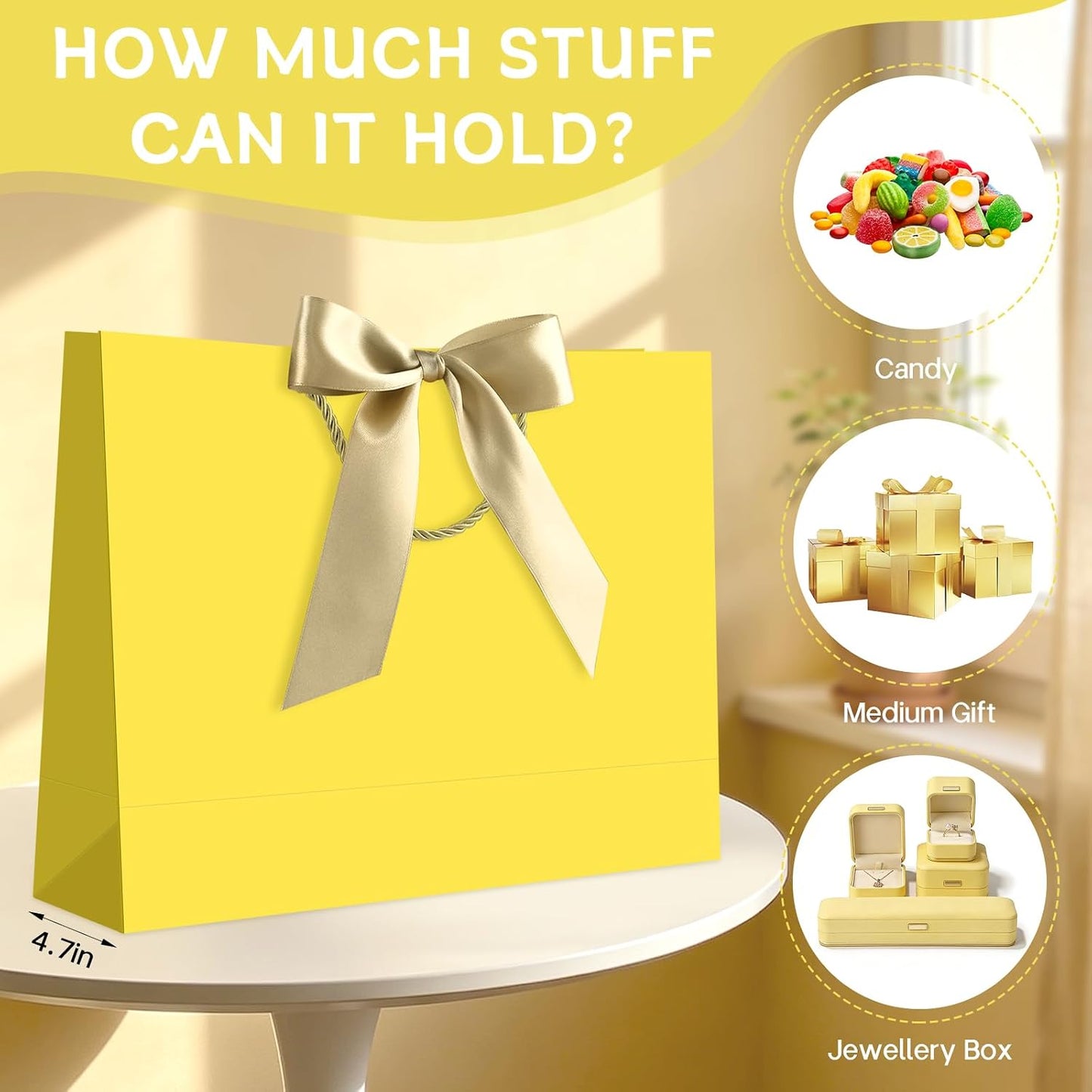 Extra Large Yellow Gift Bag with Handles 1-Pack | 37x28x12 cm. Includes 1 card & 2 tissues. Perfect for wedding, birthday, back to school, Mother's Day.