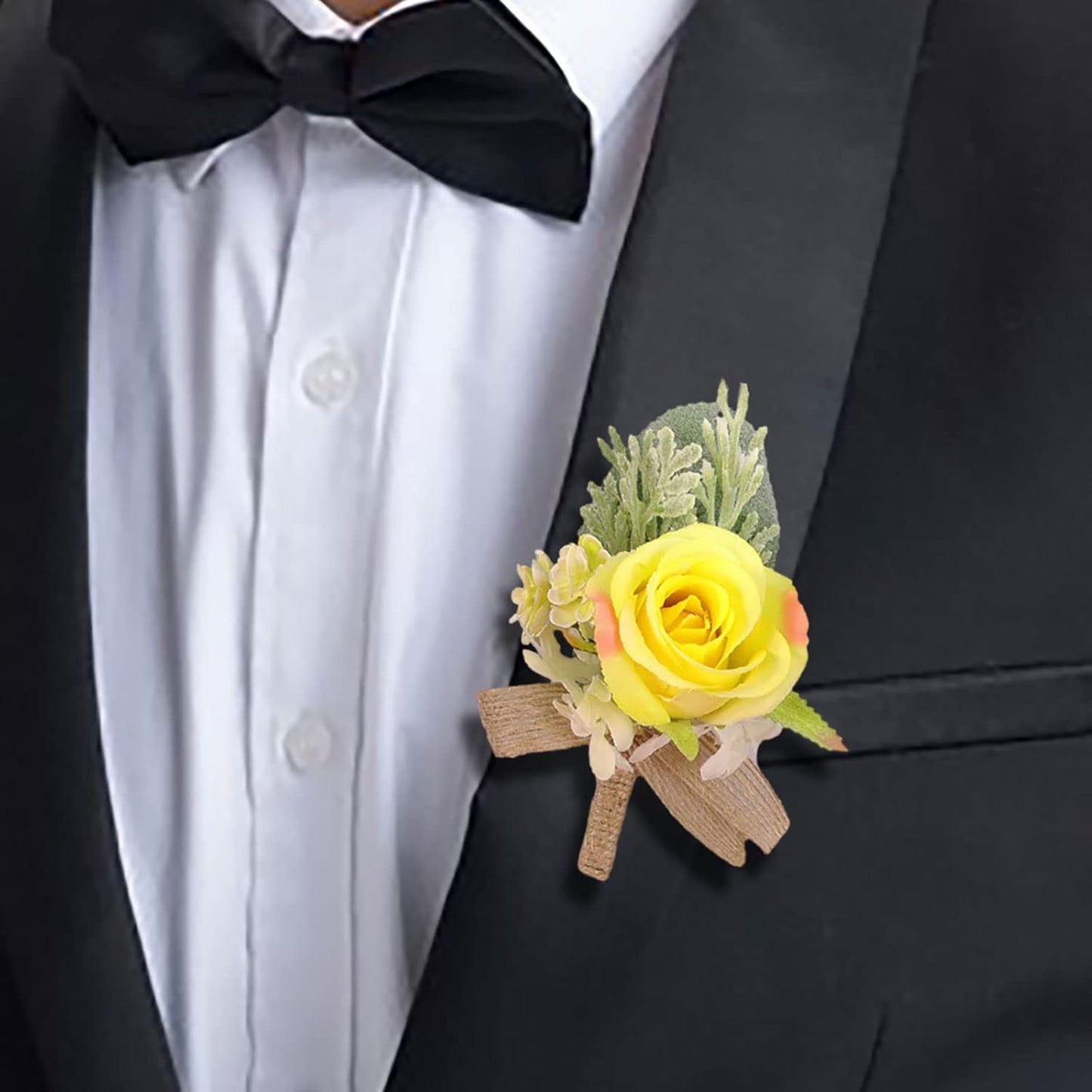 Yellow Wedding Groom Boutonniere Pin Groomsmen Suit Lapel Flower Bride Wrist Corsage Bridesmaid Hand Flower for Indoor Outdoor Wedding Father Mother Bridal Shower Prom Quinceanera (Boutonniere E)