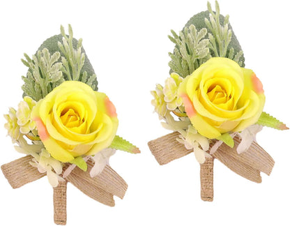 Yellow Wedding Groom Boutonniere Pin Groomsmen Suit Lapel Flower Bride Wrist Corsage Bridesmaid Hand Flower for Indoor Outdoor Wedding Father Mother Bridal Shower Prom Quinceanera (Boutonniere E)