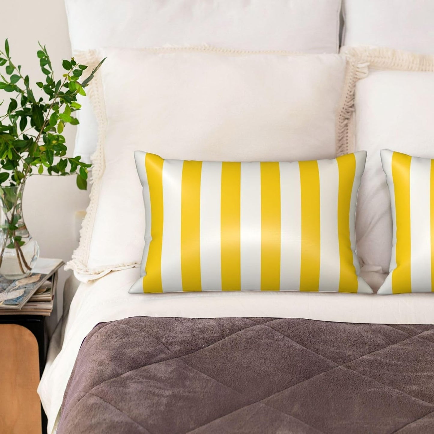 Satin Pillowcase for Hair and Skin, Ultra Soft Silk Pillow Case 20"X 30" with Hidden Zipper Cooling Smooth Satin Pillow Cases Lemon Yellow Stripes Pillow Cover, Gift for Women Men