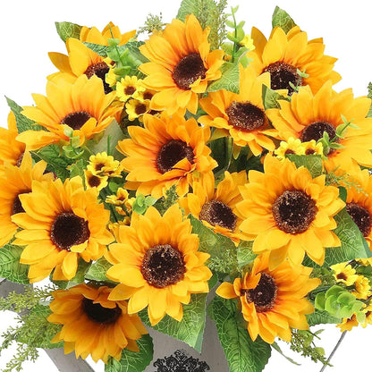 Artificial Sunflowers for Outdoors Fall Decor, 2 Bouquets | Garden, Patio, Wedding, Home, Centerpieces, Vase,UV Resistant, No Water,Bendable Stems, 17.7-Inch Length, 14 Large Blooms