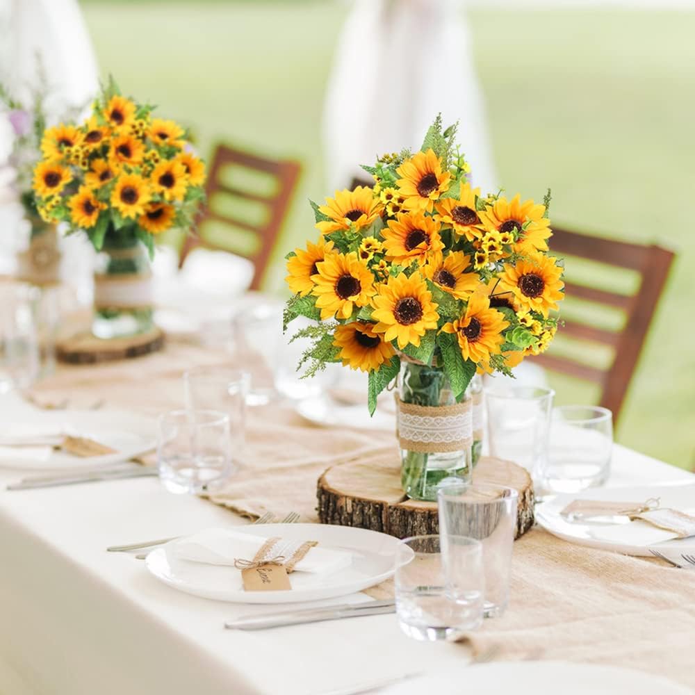 Artificial Sunflowers for Outdoors Fall Decor, 2 Bouquets | Garden, Patio, Wedding, Home, Centerpieces, Vase,UV Resistant, No Water,Bendable Stems, 17.7-Inch Length, 14 Large Blooms